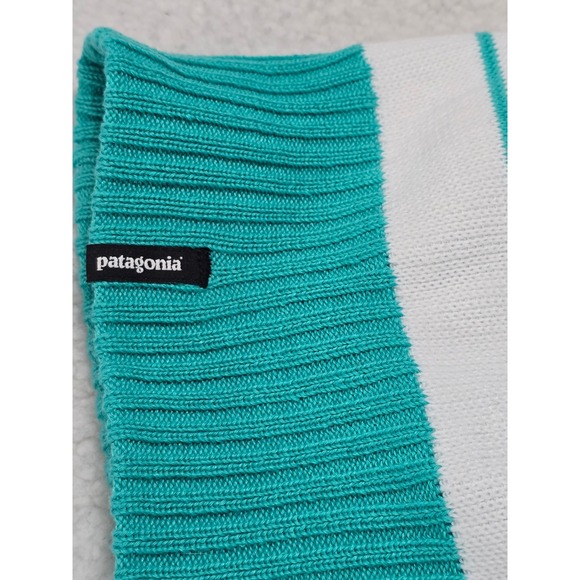 Patagonia Powder Town Beanie Teal Purple White Striped Pom Pom Knit Hat 29187 - Picture 9 of 10